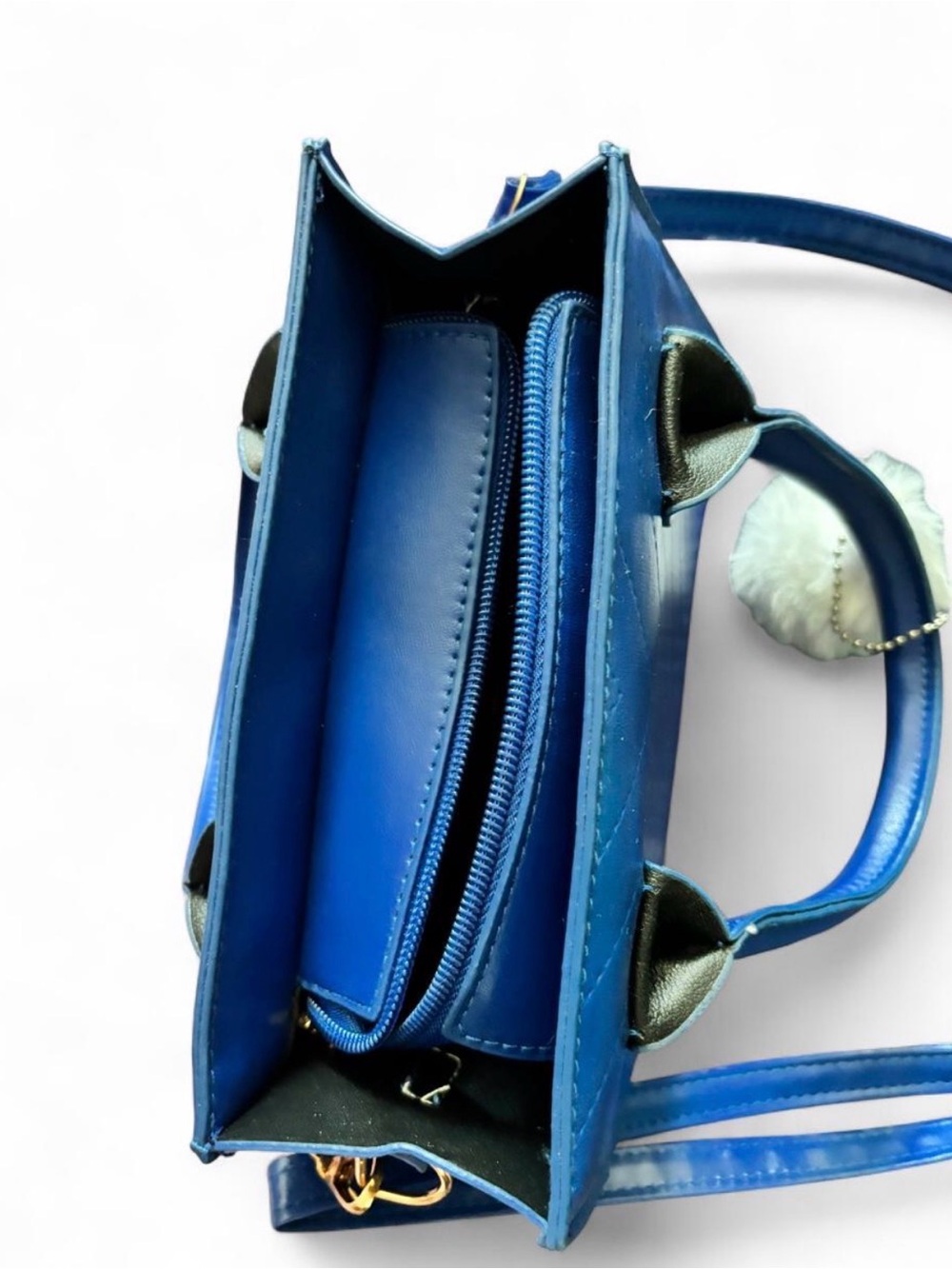 Blue Women's Small Tote Bag with Pom Pom - Picture 3 of 4